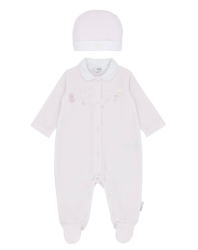 Blues Baby AW25 BB2078P Girls Pink Velour All In One With Embroidered Detail & Hat