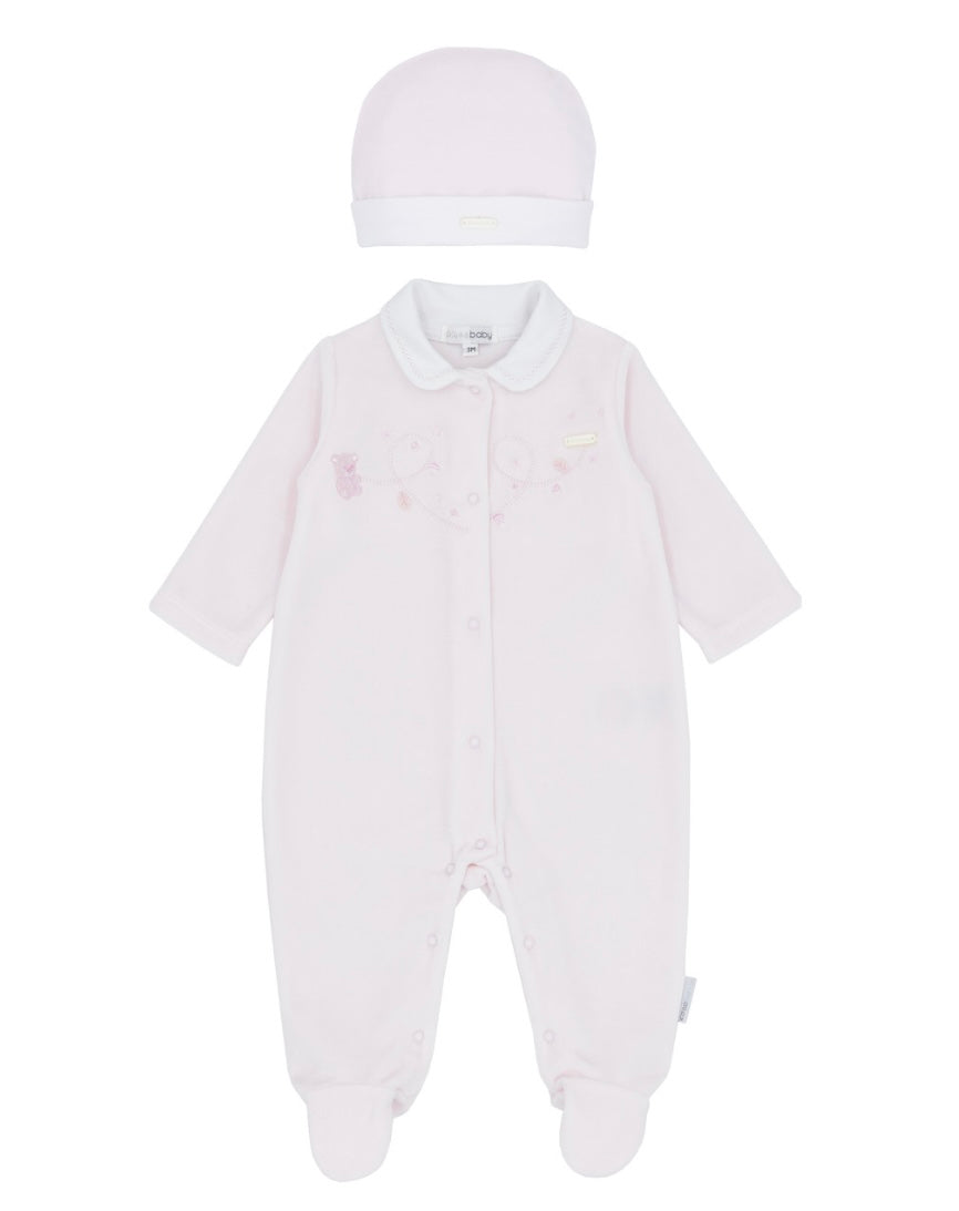 Blues Baby AW25 BB2078P Girls Pink Velour All In One With Embroidered Detail & Hat