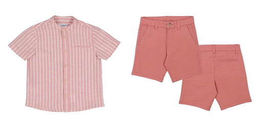 Mayoral SS2 Mini Boys Basic twill chino shorts 202 Guava & Linen Shirt 3113