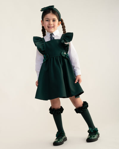 Caramelo AW25 Back To School Flared Pinafore with Bow 342142 Bottle Green