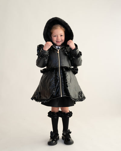 Caramelo AW25 Back To School Fur Trim Hood Peplum Coat Black  342385