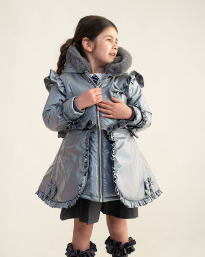 Caramelo AW25 Back To School Fur Trim Hood Peplum Coat Grey 342385