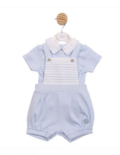 Load image into Gallery viewer, Mintini SS26 Baby Boys Blue Linear Front Top &amp; Short Dungaree Set MB6883