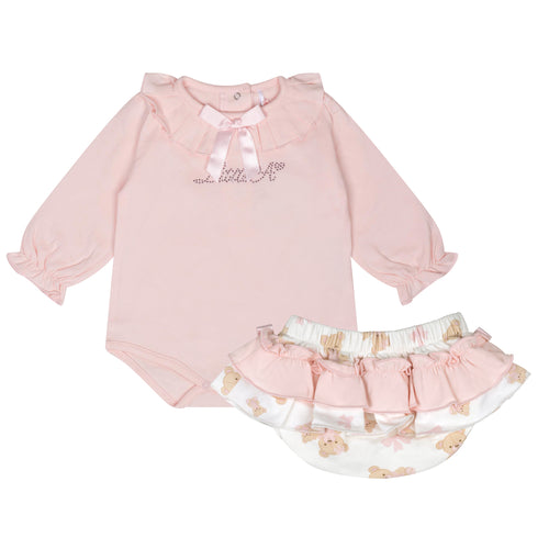 Little A AW24 Bear Print Jam Pant Set Gwen 312 Baby Pink