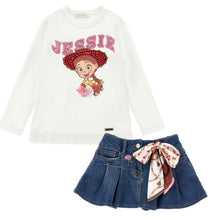 Load image into Gallery viewer, Monnalisa AW26 Toy Story Monnalisa Girls Toy Story Jessie Top &amp; Denim Skirt Set X 2 - Ivory Navy Blue