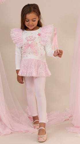 Caramelo AW25 Girls Pink/Ivory Tulle Legging Set With Diamante & Pearl Crown, Wand & Bow Design 3498108
