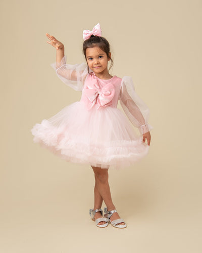 Caramelo AW23 Tulle Balloon Sleeve PARTY DRESS with Velour Bow 0321164 Pink