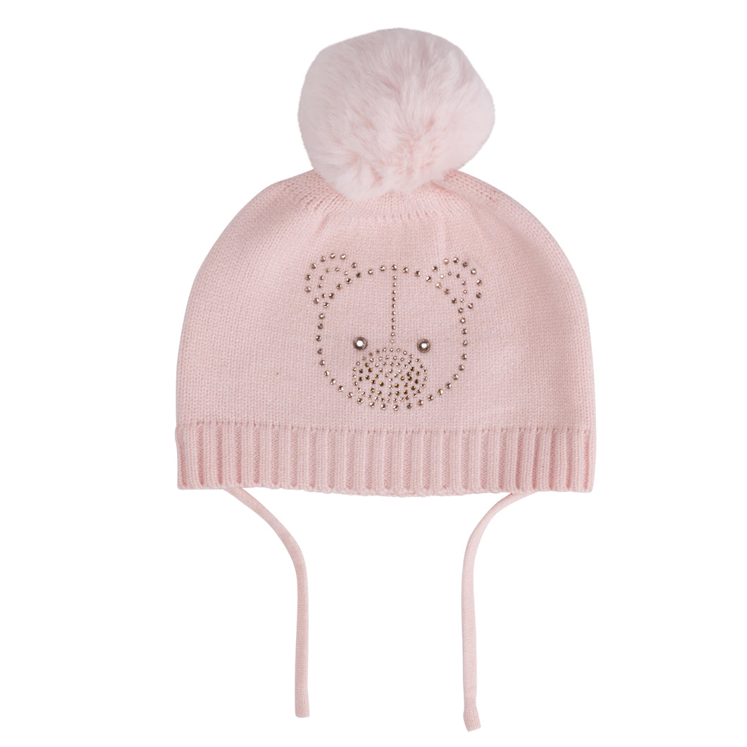 Little A AW24 Bear Knitted Pom Pom Hat Glynne 316 Baby Pink