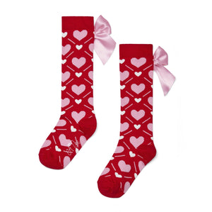 ADee AW25 Heart Print Bow Knee High Socks Leah 903 Red