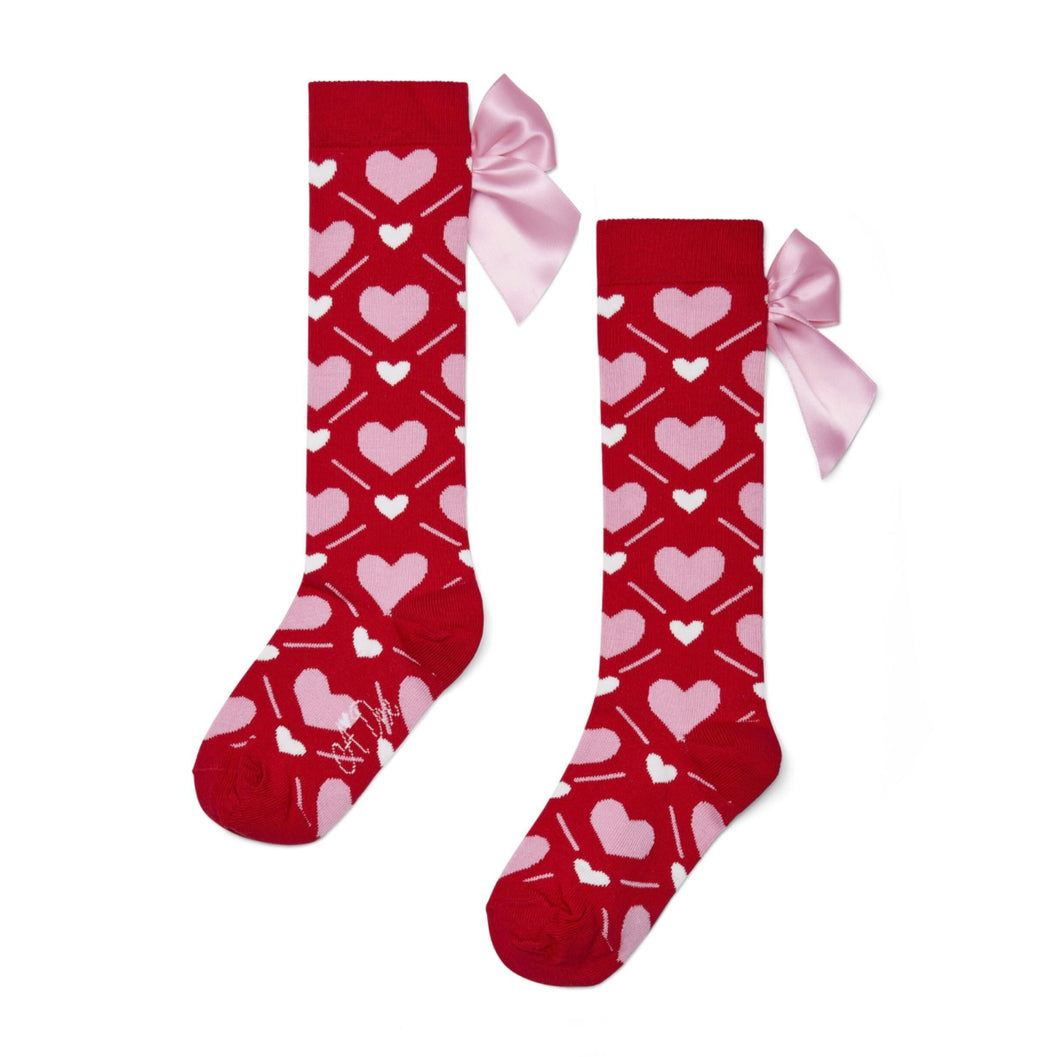 ADee AW25 Heart Print Bow Knee High Socks Leah 903 Red