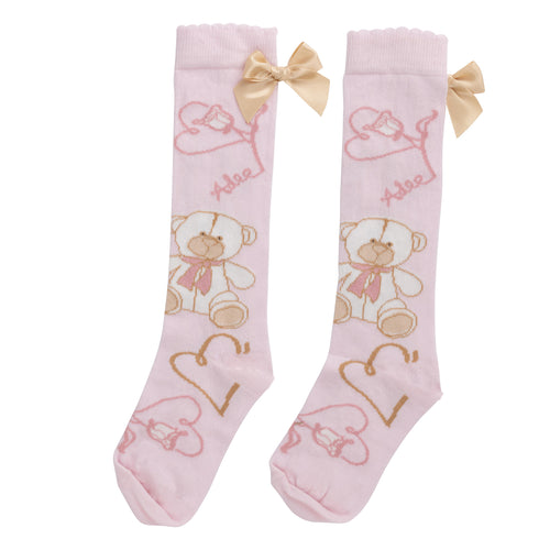 ADee AW24 Teddy Print Knee High Socks 920 Sloane Baby Pink