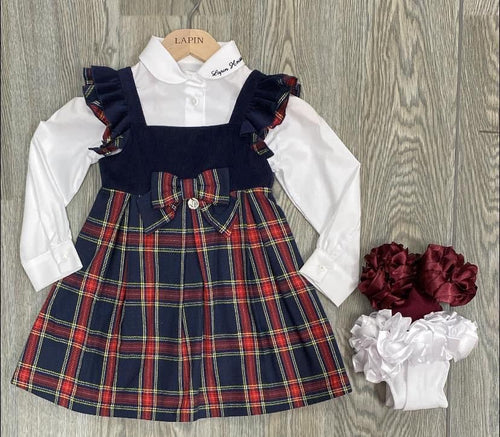 Lapin House Pinafore Dress & Blouse Tartan with socks