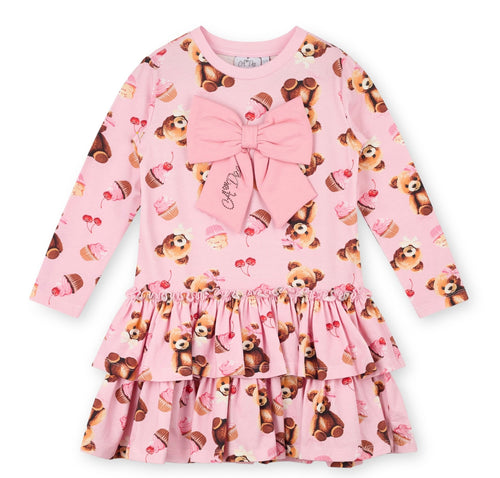 ADee AW25 Bear Print Triple Frill Dress with bow detail Pink Fairy 710 Liberty