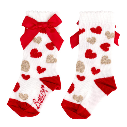 Little A AW24 Heart Print Knee High Socks Hayden 414 Snow White