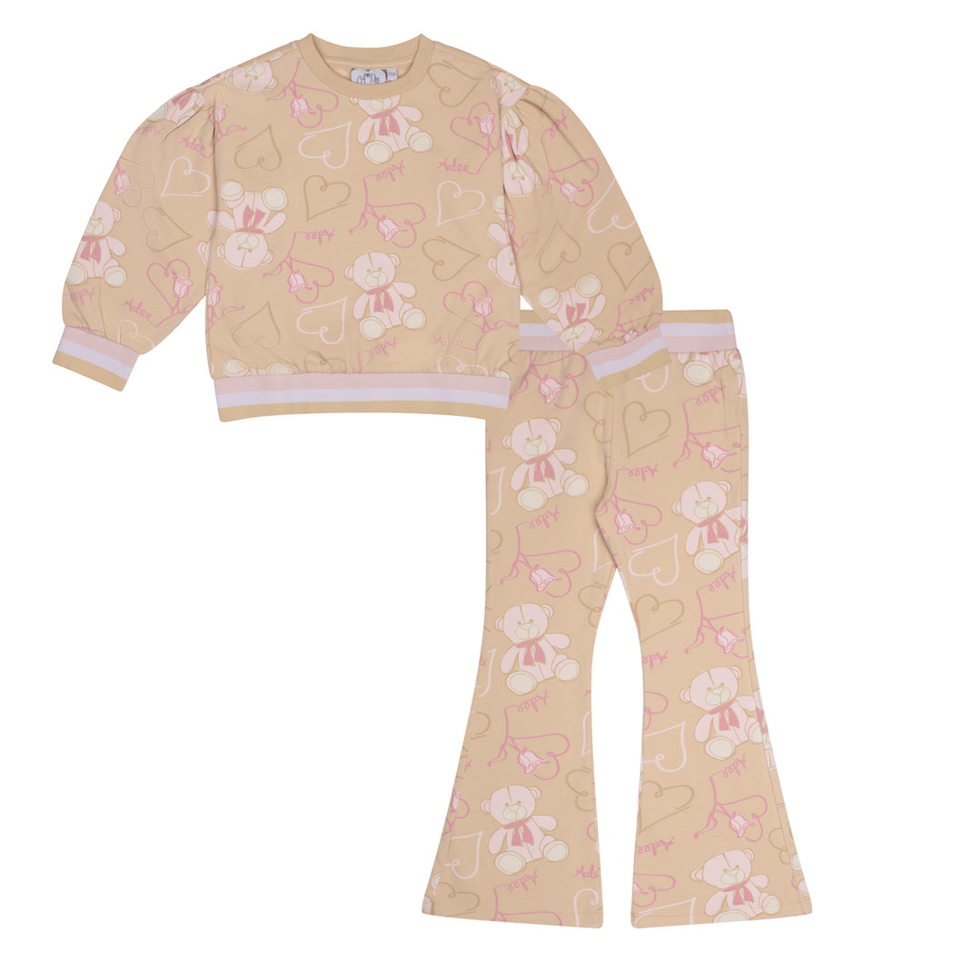 ADee AW24 Teddy Print Flare Tracksuit 516 Beige Sienna