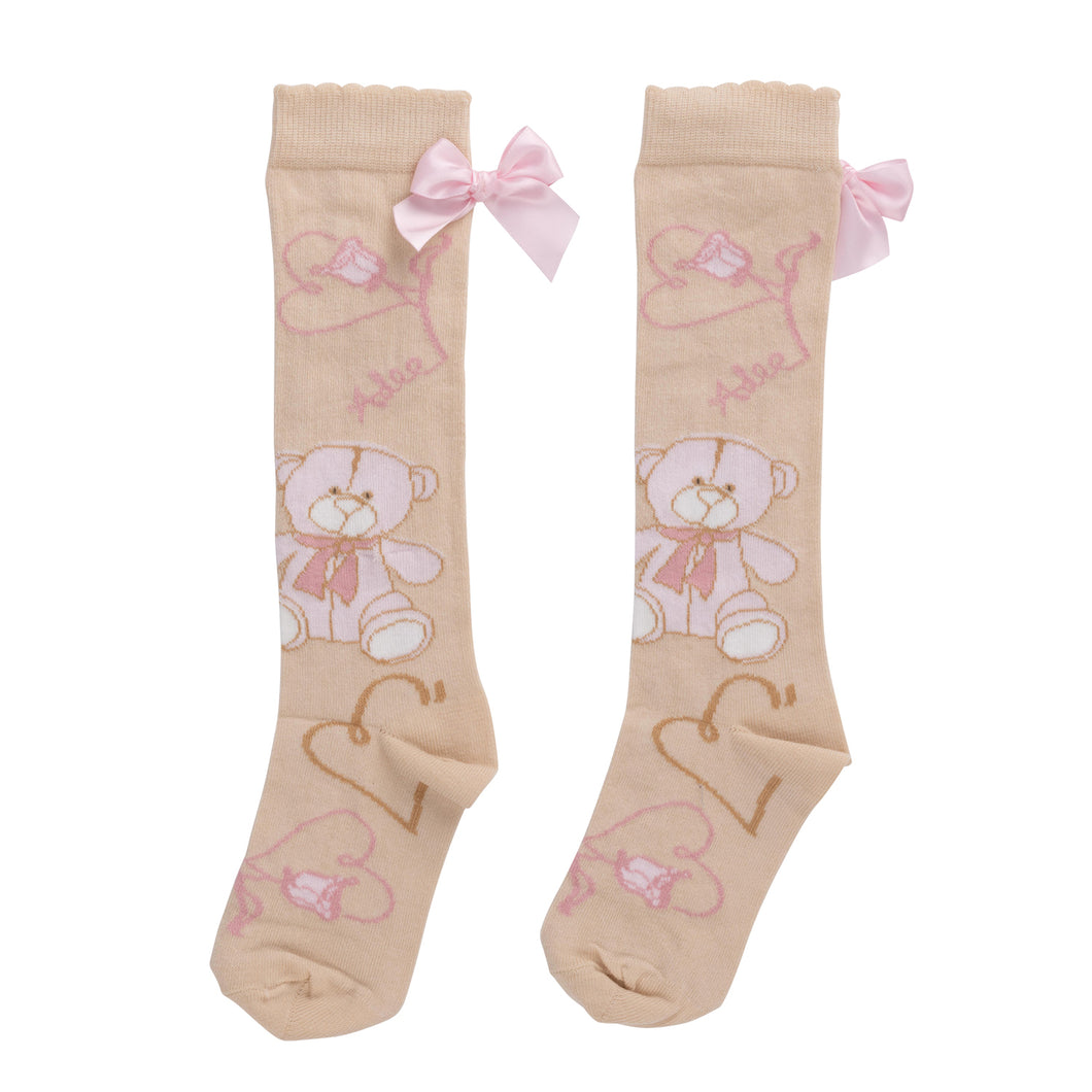 ADee AW24 Teddy Print Knee High Socks 920 Sloane Beige