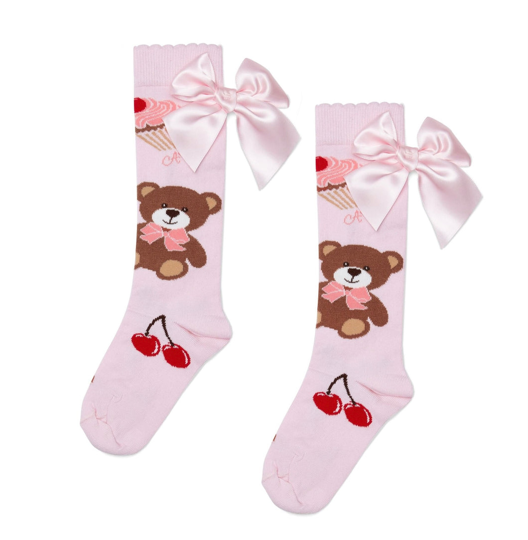 ADee AW25 Bear Print Bow Knee High Sock 914 Leah Pink Fairy