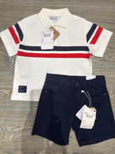 Load image into Gallery viewer, Mayoral Mini SS26 Polo Top 3107 Cream / Red &amp; Navy Shorts
