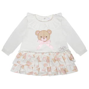 Little A AW24 Bear Print Frill Dress Gloria 310 White