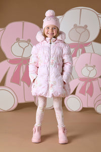 ADee AW24 Bow Faux Fur Hooded Teddy Print Jacket Stella 207 Baby Pink