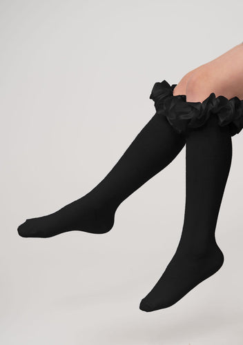 Caramelo AW25 Ruffle ribbon knee length socks Black