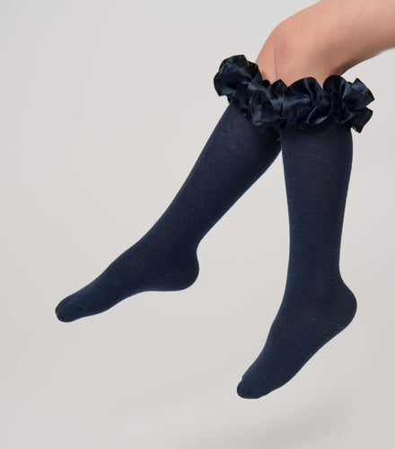 Caramelo AW25 Ruffle ribbon knee length socks Navy
