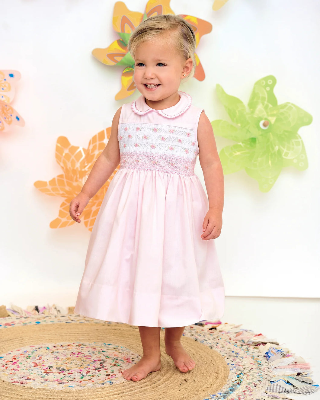 Sarah Louise Sarah Louise Pink & White Sleeveless Hand Smocked Dress - 013201