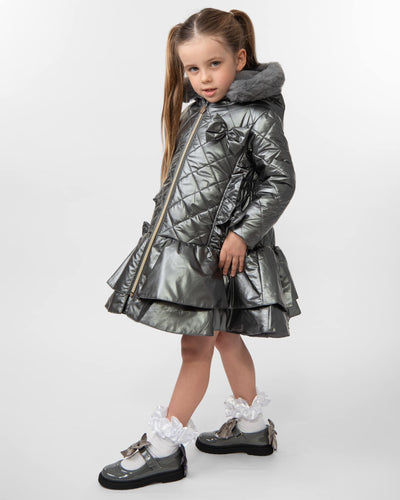 Caramelo AW24 Back to School Quilted Coat with Bow Grey 342340