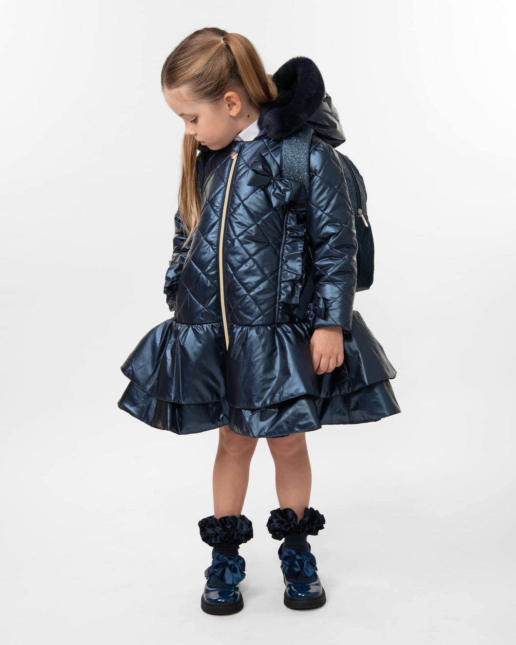 Caramelo AW24 Quilted Coat with Bow Navy 342340