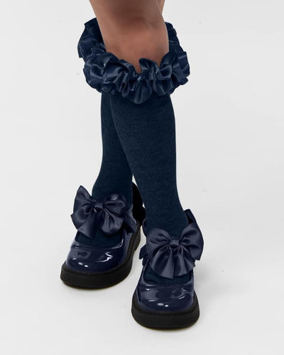 Caramelo AW24 Ruffle ribbon knee length socks Navy