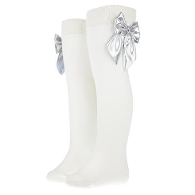 Daga AW25 Girls Blue Mirage Knee Socks With Silver Bow - Ivory Silver