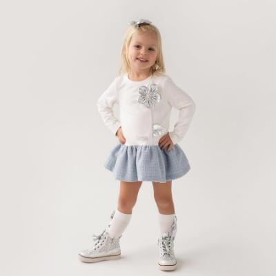 Daga AW25 Girls Blue Mirage Drop Waist Dress - Ivory Blue Silver