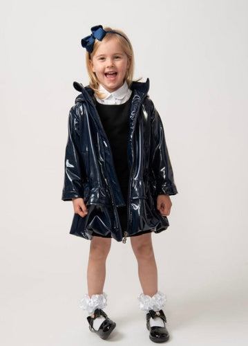 Caramelo Kids AW24 Girls Shiny Bow Fleece Rain Coat Navy 342341