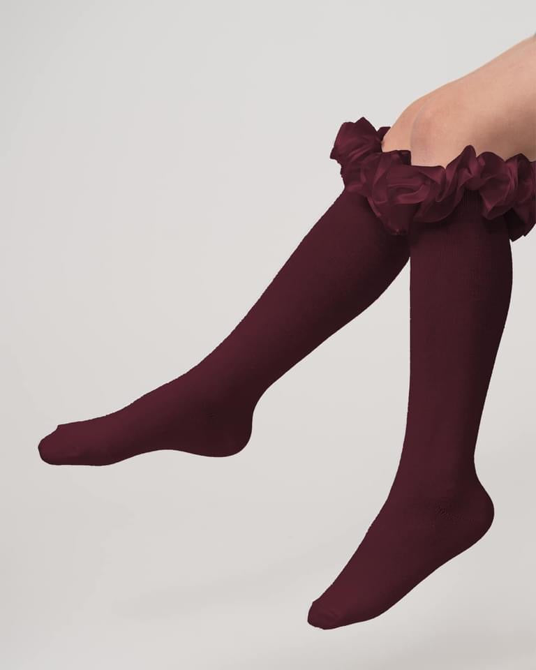 Caramelo AW24 Ruffle ribbon knee length socks Maroon