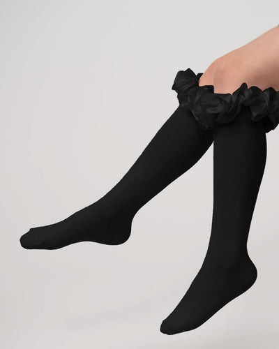 Caramelo AW24 Ruffle ribbon knee length socks Black