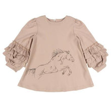 Load image into Gallery viewer, Daga AW24 Girls Horse Racing Ruffle Sleeve Dress - Beige 9946