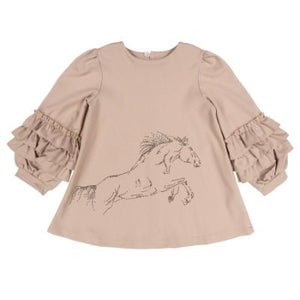 Daga AW24 Girls Horse Racing Ruffle Sleeve Dress - Beige 9946