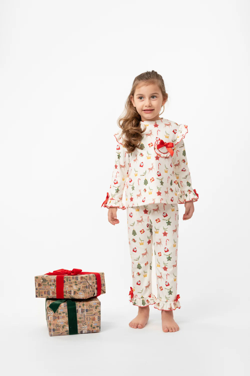 Caramelo Kids Festive Holiday Two-Piece Pyjama Set with Red Bows and Ruffles Girls