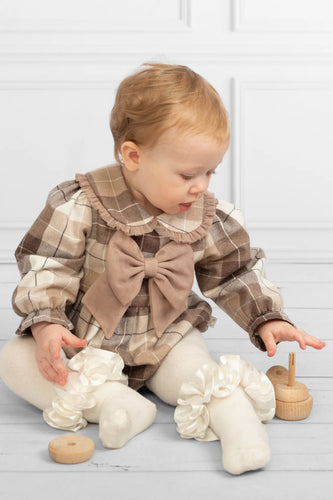 Caramelo Kids Beige Plaid Romper with Bow and Peter Pan Collar