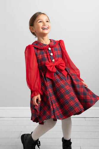 Caramelo Kids AW24 Red Tartan Plaid Dress with Bow and Puff Sleeves 0321188