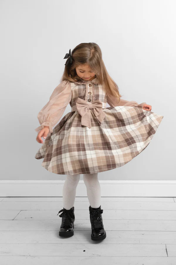 Caramelo Kids AW24 Beige Plaid Dress with Bow and Puff Sleeves 0321188