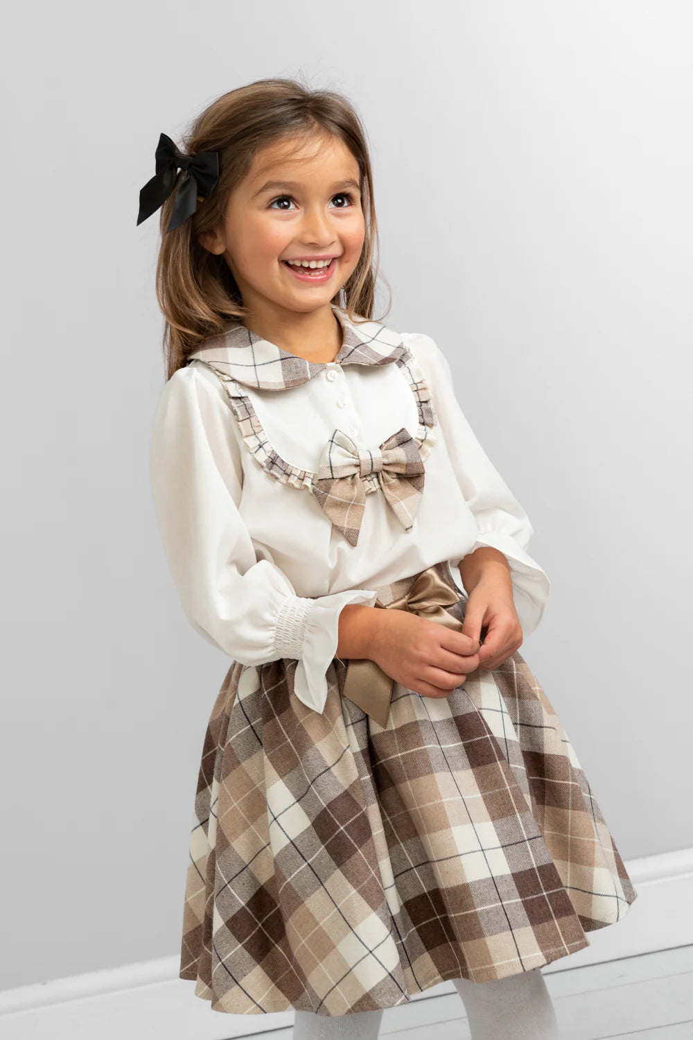 Caramelo Kids AW24 Beige Plaid Two-Piece Set with Bows and Ruffle Collar