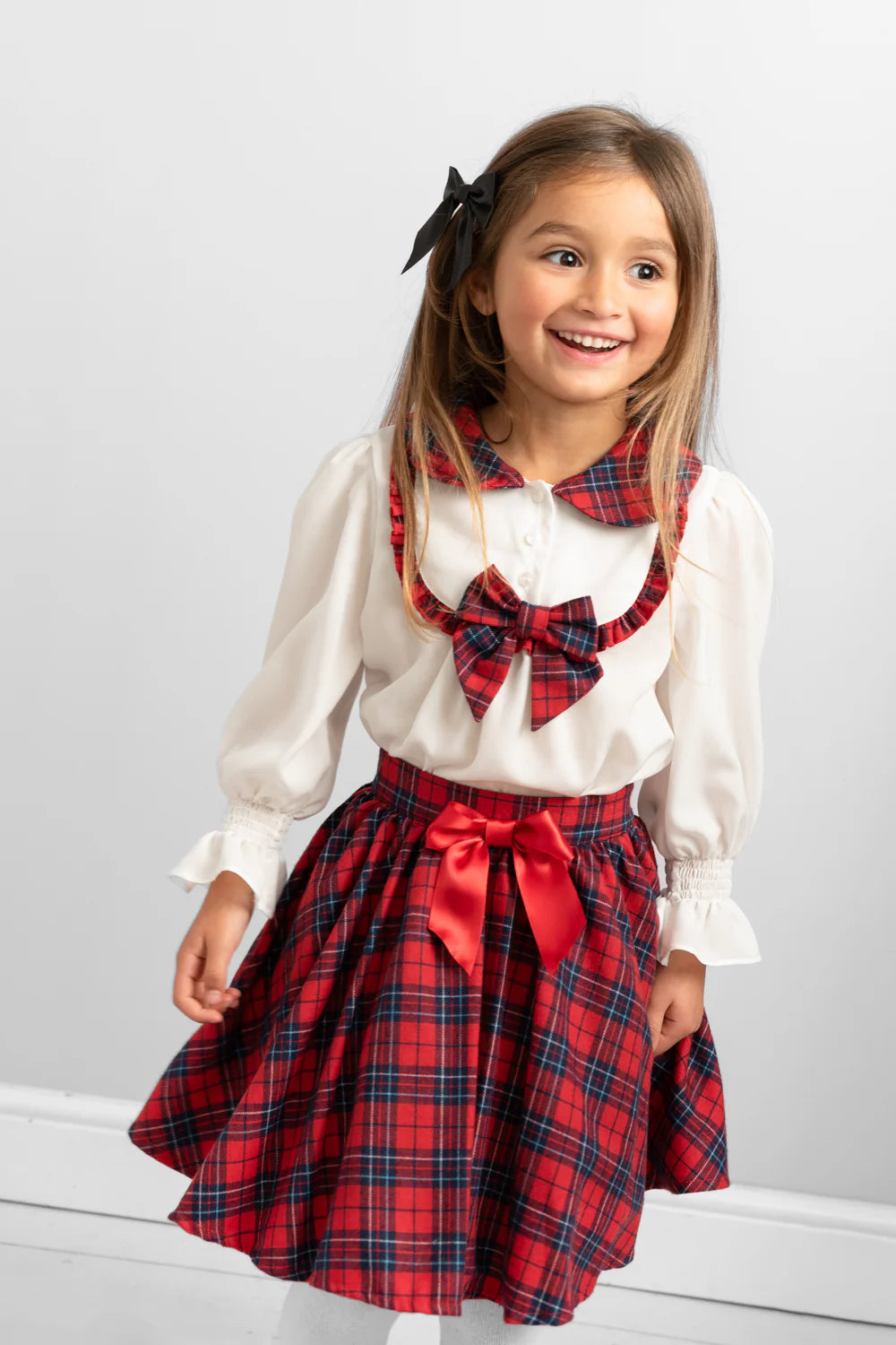 Caramelo Kids AW24 Red & Navy Tartan Two-Piece Set with Bows and Ruffle Collar