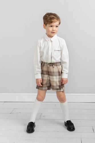 Caramelo Kids AW24 Boys Beige Plaid Shirt and Shorts Set with Elegant Accents