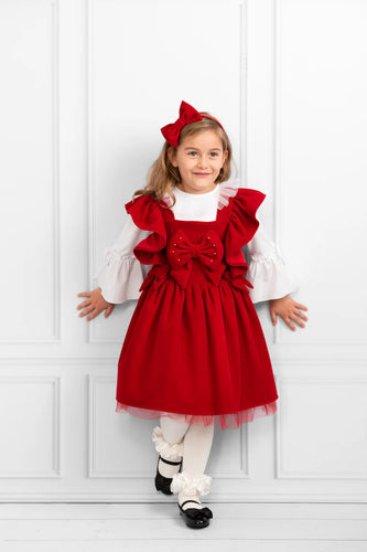 Caramelo Kids AW24 Red Sleeveless Pinafore Dress with Ruffles and Bow Headband Set 0321187