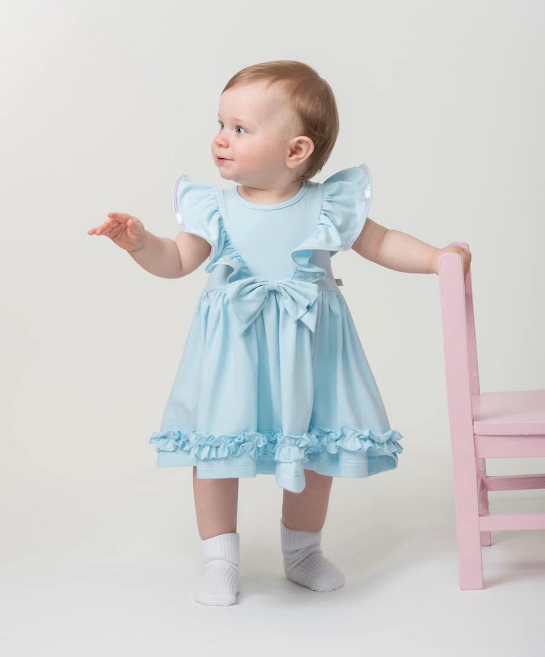 Caramelo SS25 Baby Elevated Essentials Ruffle Dress Sky