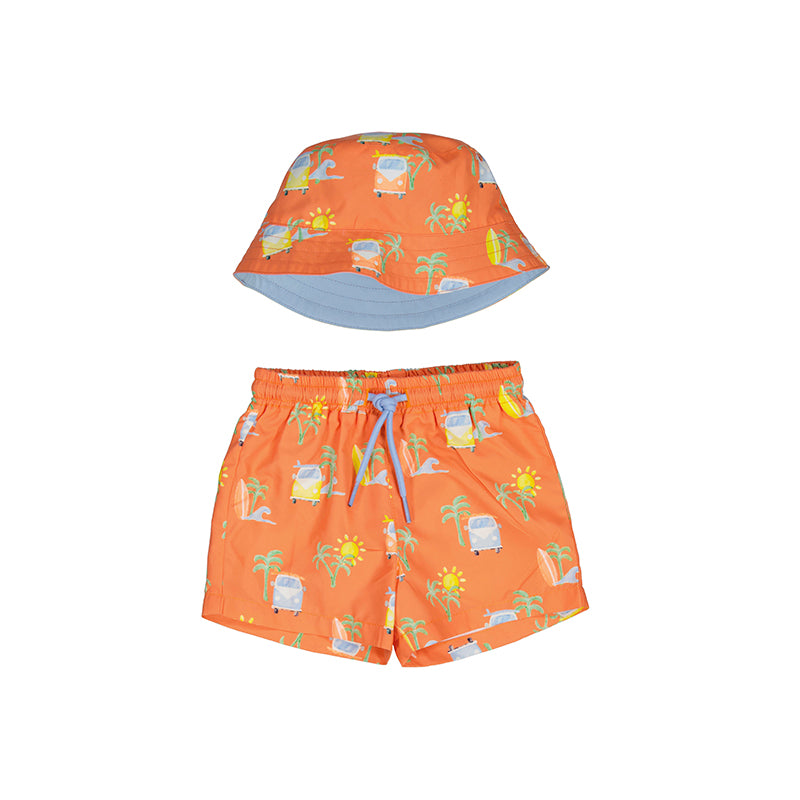 Mayoral SS25 Baby Boy Swim Shorts with Bucket Hat Coral 1646