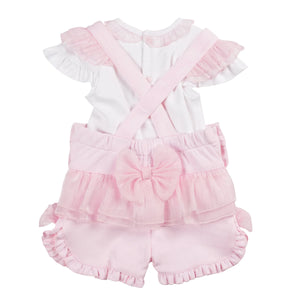 Mintini SS25 Top & Short Dungaree Set White / Pink 6406