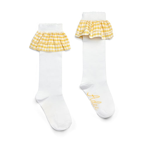 ADee SS25 Check Frill Knee High Socks Bright WHITE 911 Daria