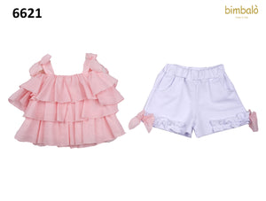 Bimbalo Shorts Set Ruffled Tie up Top & Shorts 6621 Pink / White